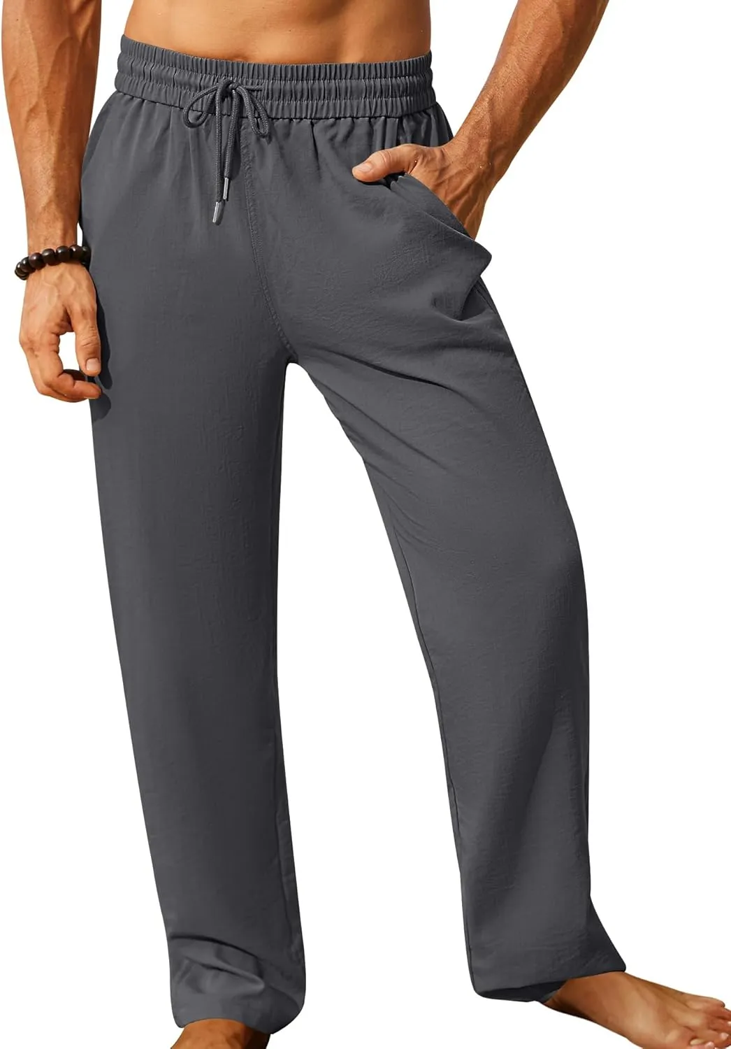 iWoo Linen Pants Men Casual 2025 Summer Beach Elastic Drawstring Waist Yoga Pants Travel Baggy Work Pant Pajama