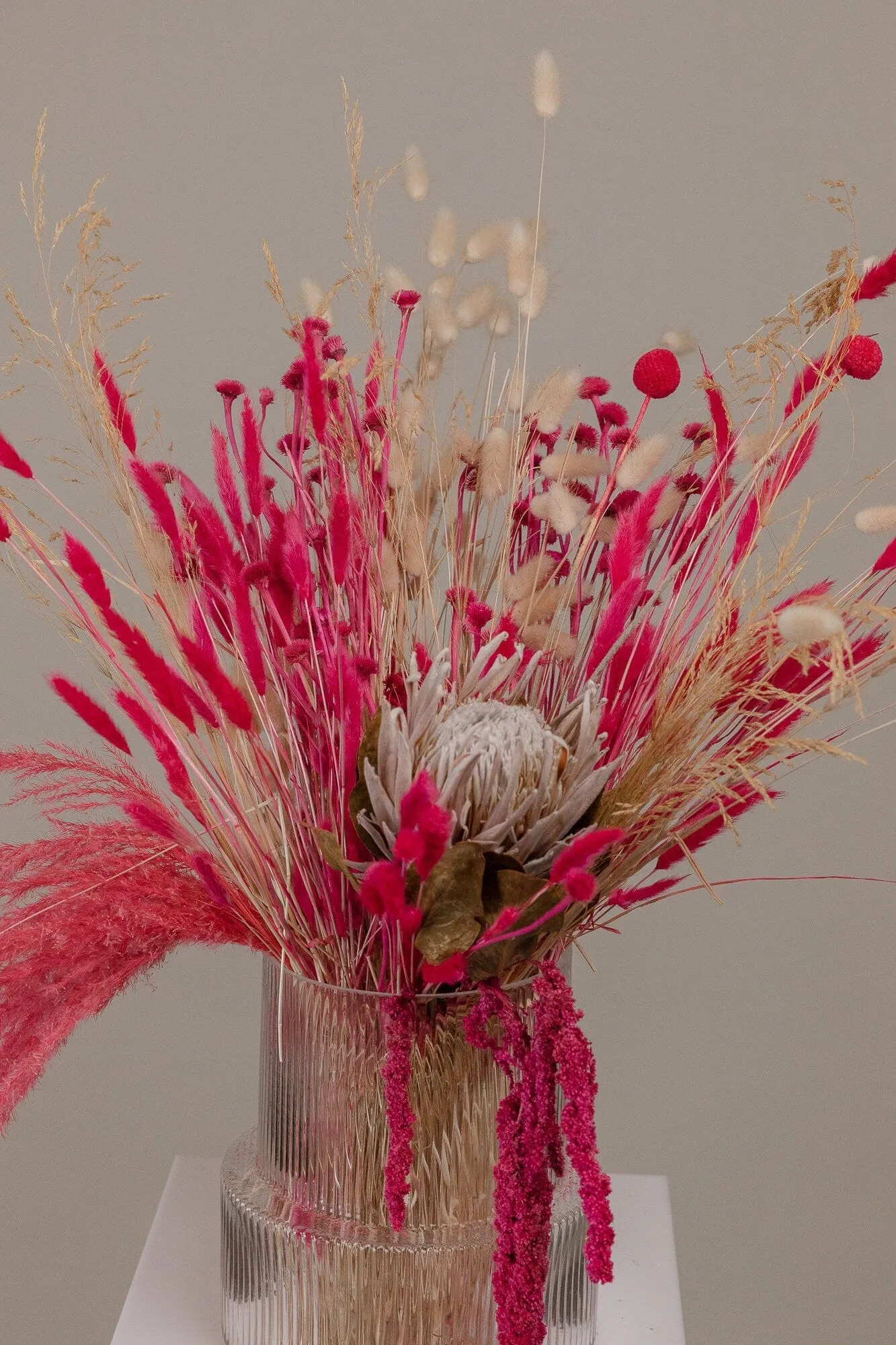 Kind Protea Preserved & Hot Pink Amaranthus Dried Loose Flowers Centerpiece and Vase Arrangement