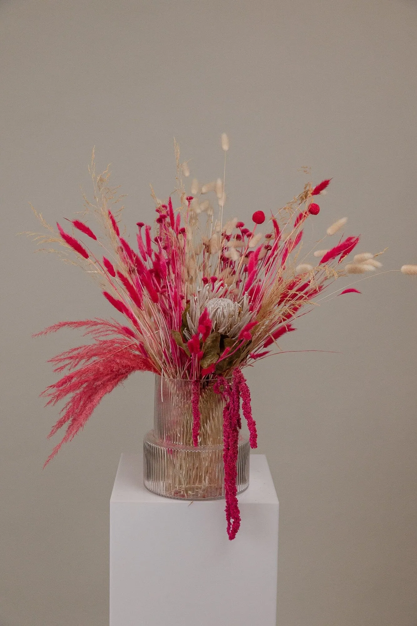 Kind Protea Preserved & Hot Pink Amaranthus Dried Loose Flowers Centerpiece and Vase Arrangement