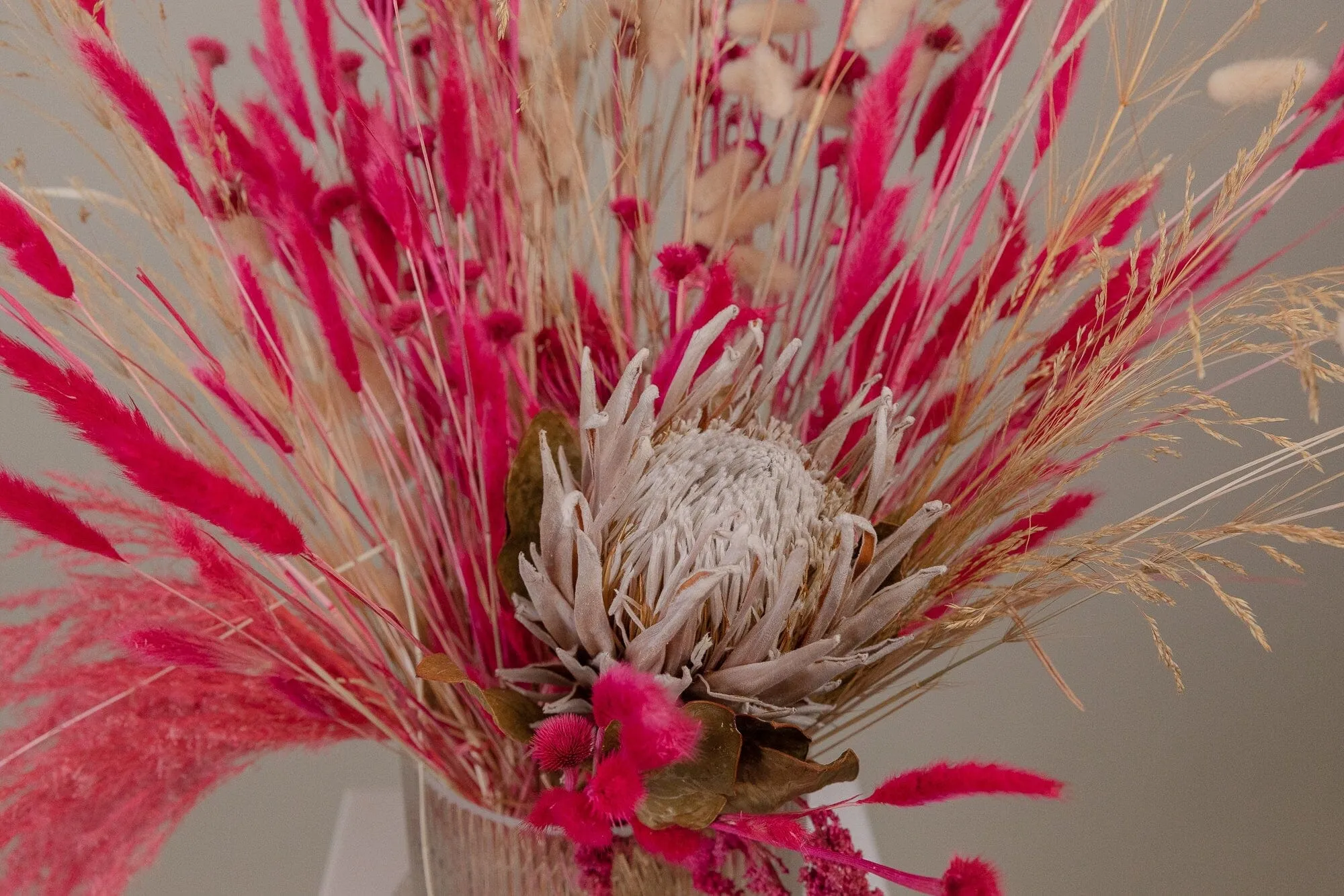 Kind Protea Preserved & Hot Pink Amaranthus Dried Loose Flowers Centerpiece and Vase Arrangement