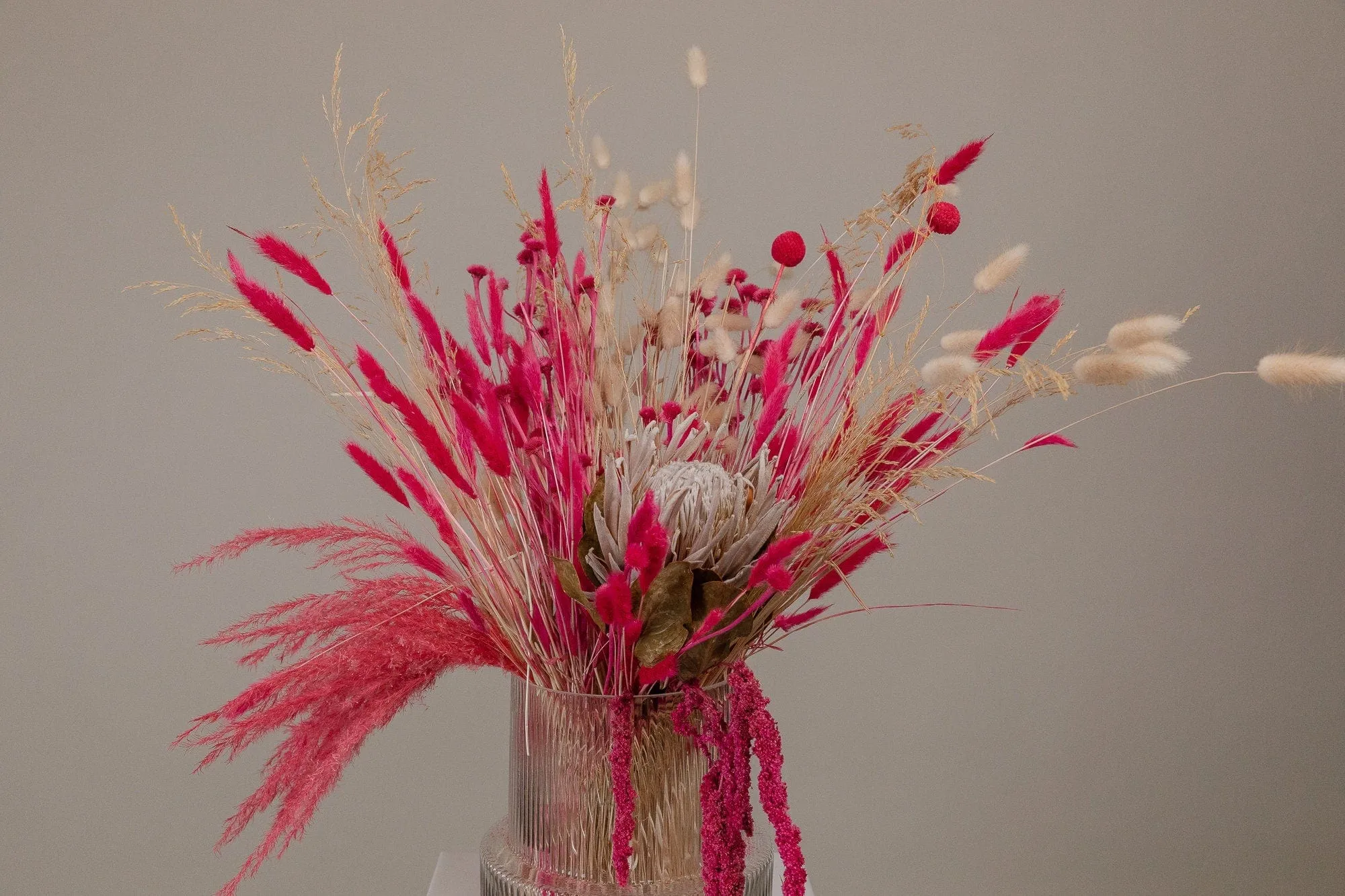 Kind Protea Preserved & Hot Pink Amaranthus Dried Loose Flowers Centerpiece and Vase Arrangement