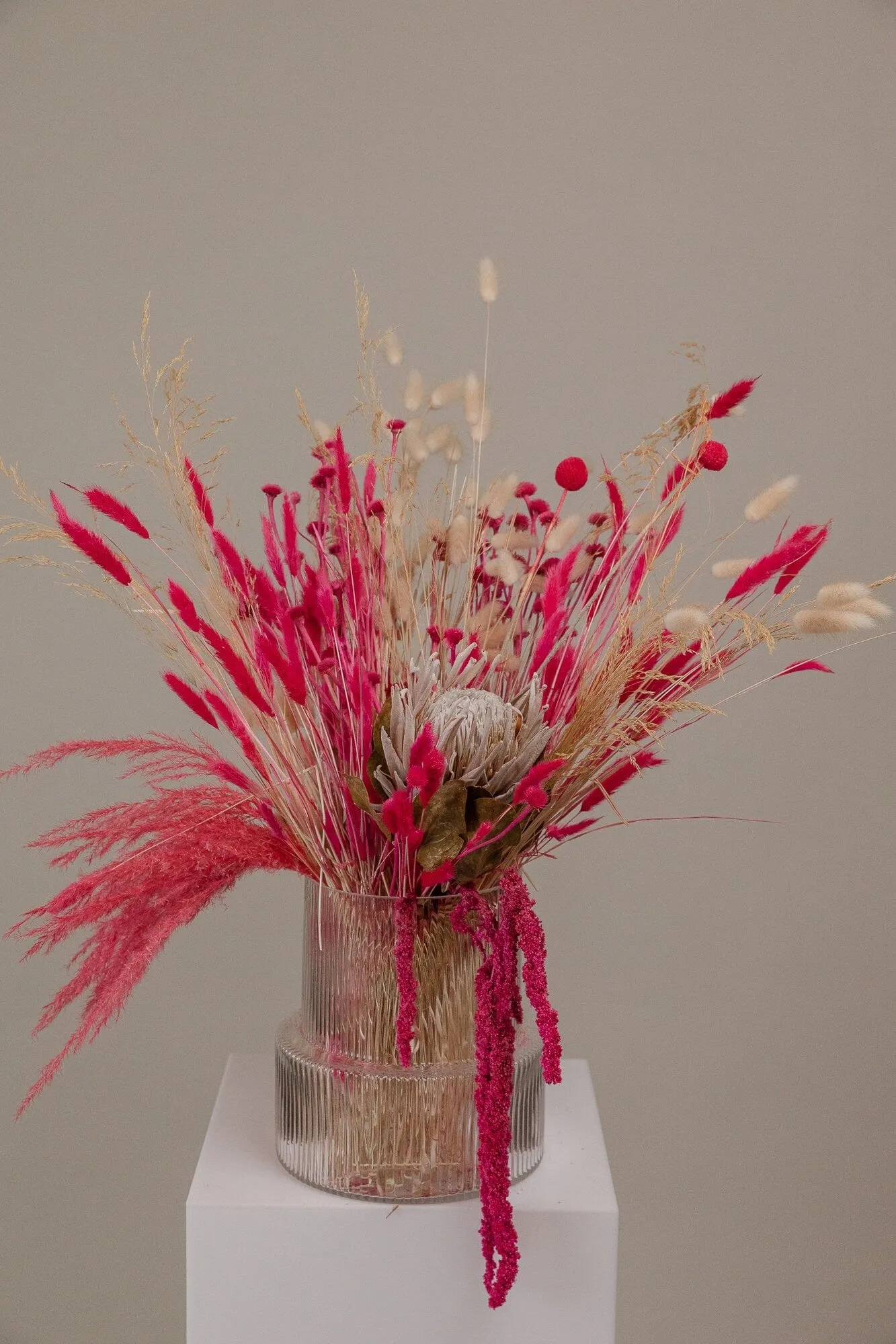 Kind Protea Preserved & Hot Pink Amaranthus Dried Loose Flowers Centerpiece and Vase Arrangement