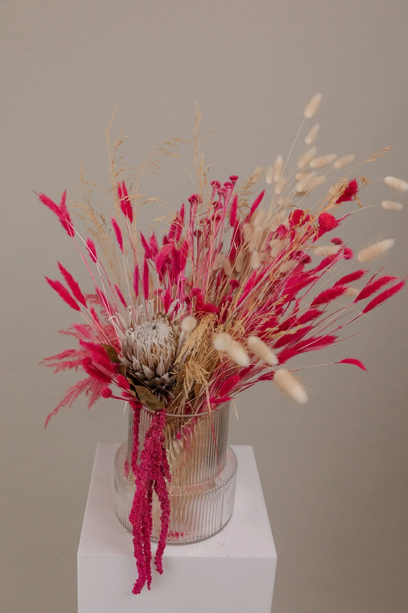 Kind Protea Preserved & Hot Pink Amaranthus Dried Loose Flowers Centerpiece and Vase Arrangement