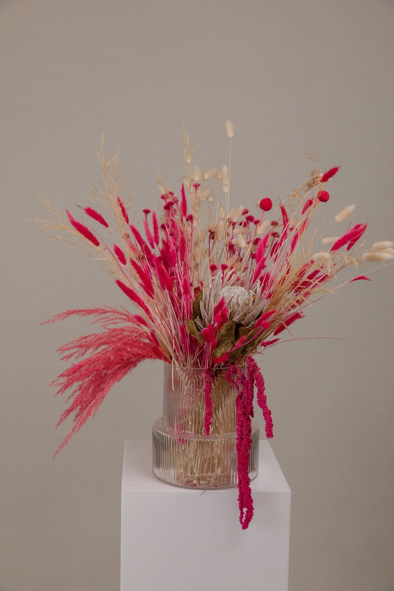 Kind Protea Preserved & Hot Pink Amaranthus Dried Loose Flowers Centerpiece and Vase Arrangement