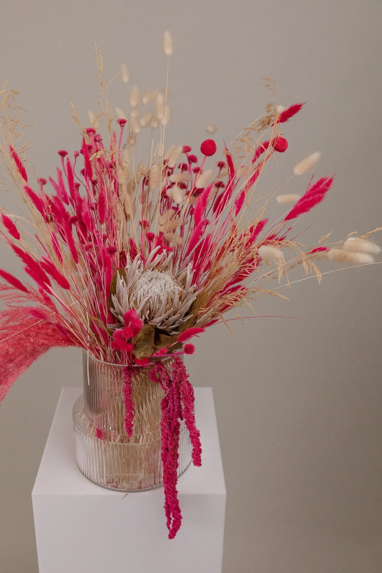 Kind Protea Preserved & Hot Pink Amaranthus Dried Loose Flowers Centerpiece and Vase Arrangement