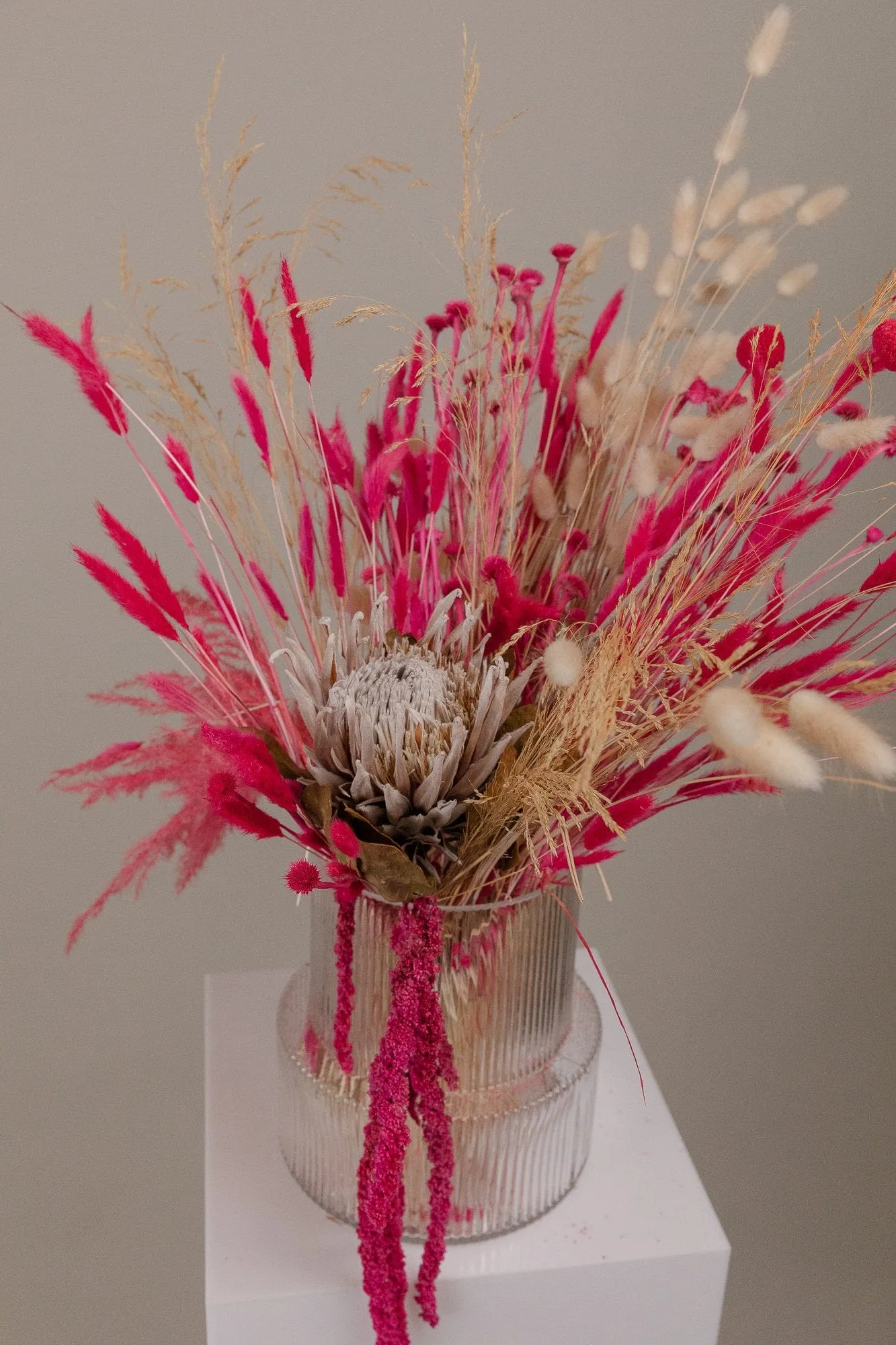 Kind Protea Preserved & Hot Pink Amaranthus Dried Loose Flowers Centerpiece and Vase Arrangement