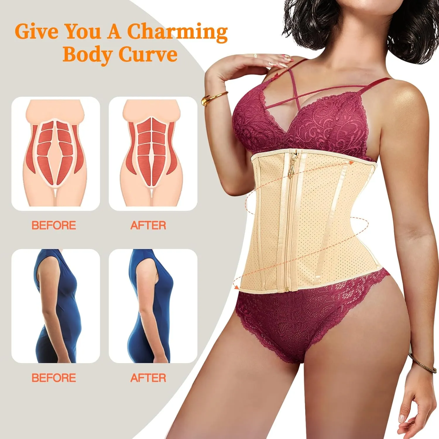 Latex Waist Trainer for Women, Waist Cincher Corset Zipper Tummy Control Shapewear Breathable Waist Cincher for Women