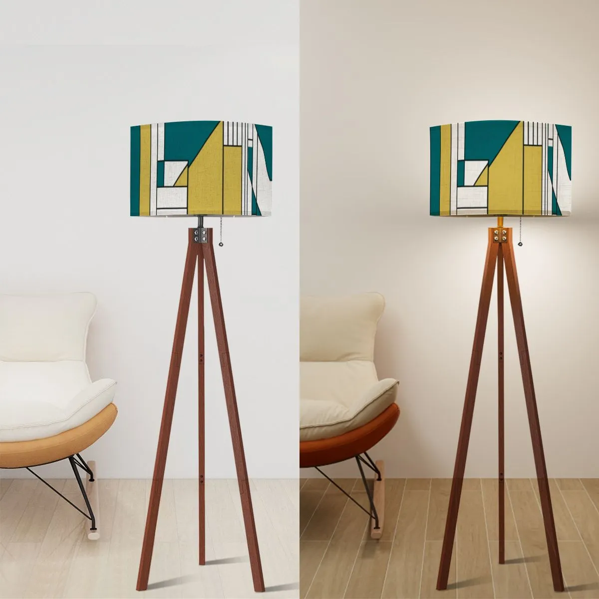 Mid Century Modern Bauhaus Green, Teal Geometric Designed Mod Tripod Floor Lamp