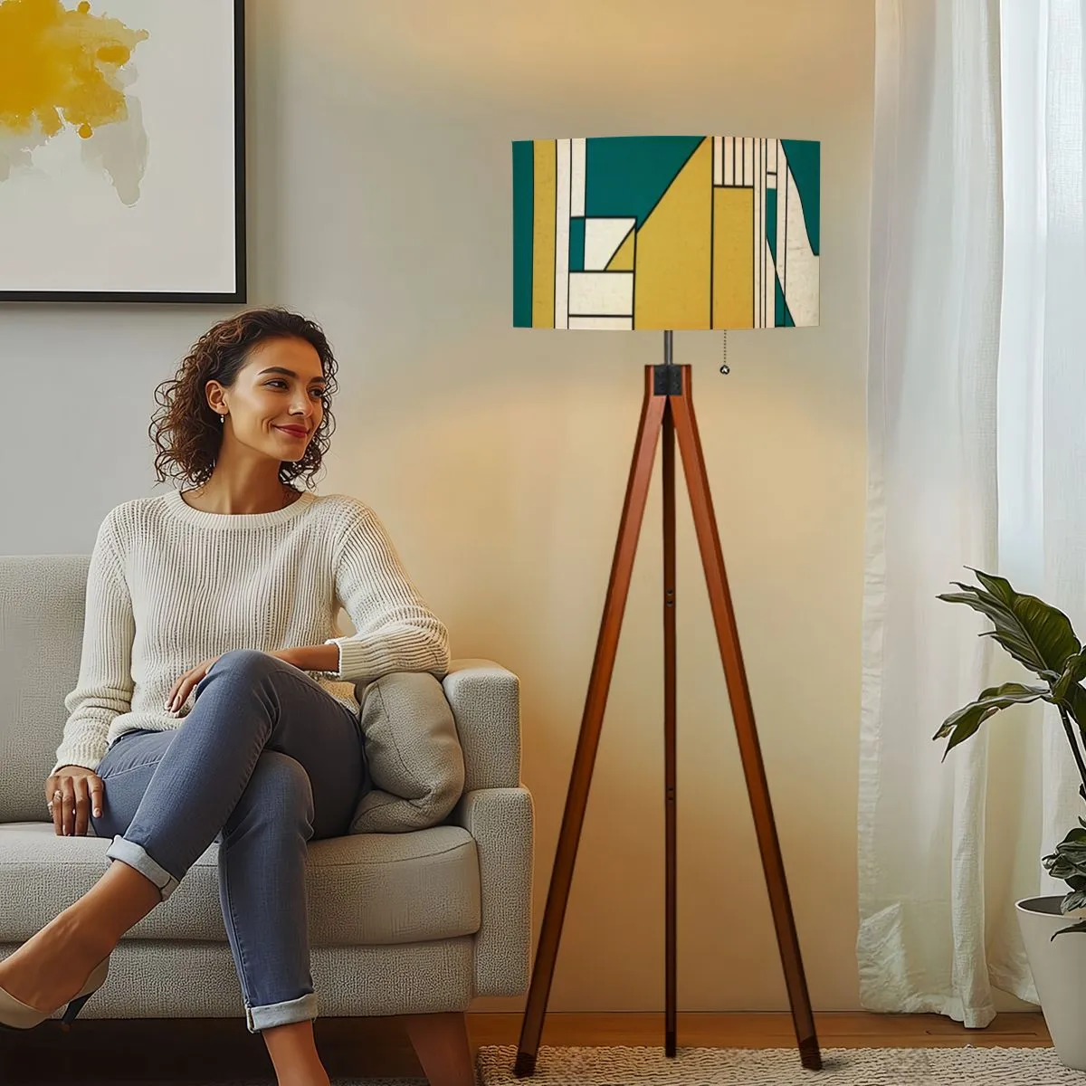 Mid Century Modern Bauhaus Green, Teal Geometric Designed Mod Tripod Floor Lamp