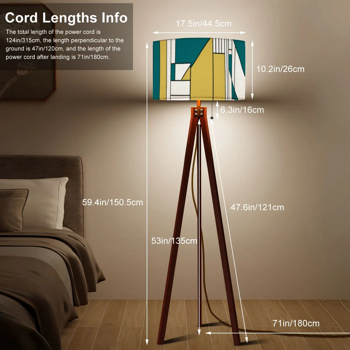 Mid Century Modern Bauhaus Green, Teal Geometric Designed Mod Tripod Floor Lamp