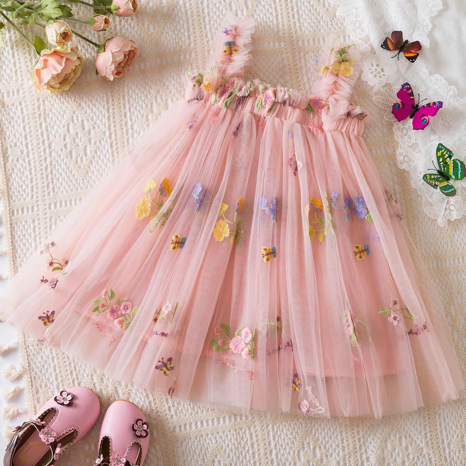 Nileafes Toddler Summer Dress Baby Girl Strap Floral A Line Dress Sleeveless Beach Butterfly Sundress for Toddler Girl