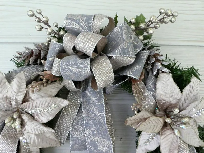 Platinum Poinsettia door Wreath. Holiday Door Decoration