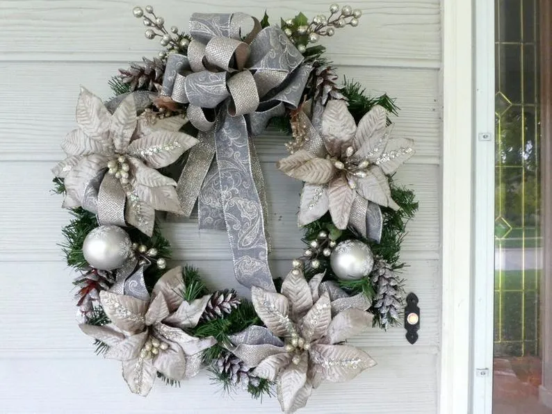 Platinum Poinsettia door Wreath. Holiday Door Decoration
