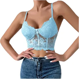 PTOLOCIF Corset Tops for Women Sexy Lace Floral Sleeve Bustier Tops Sexy Going out Party Clubwear Summer Trendy Y2k Tops