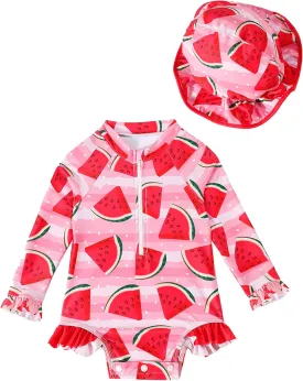 puseky Baby Girls One Piece Swimsuit Zip Rash Guard with Hat Set Swimwear Ruffled Cute Newborn Baby Girl Bathing Suit