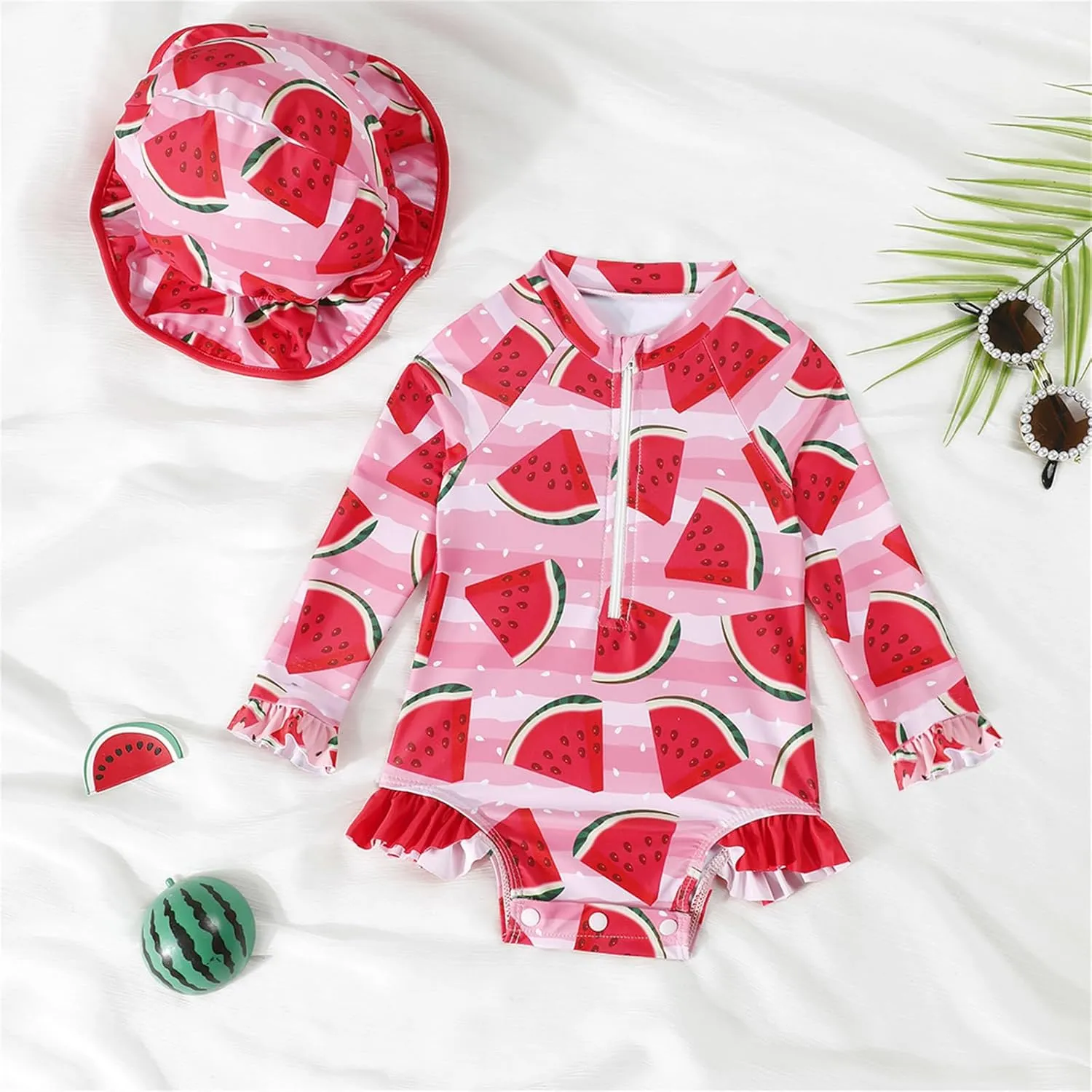 puseky Baby Girls One Piece Swimsuit Zip Rash Guard with Hat Set Swimwear Ruffled Cute Newborn Baby Girl Bathing Suit