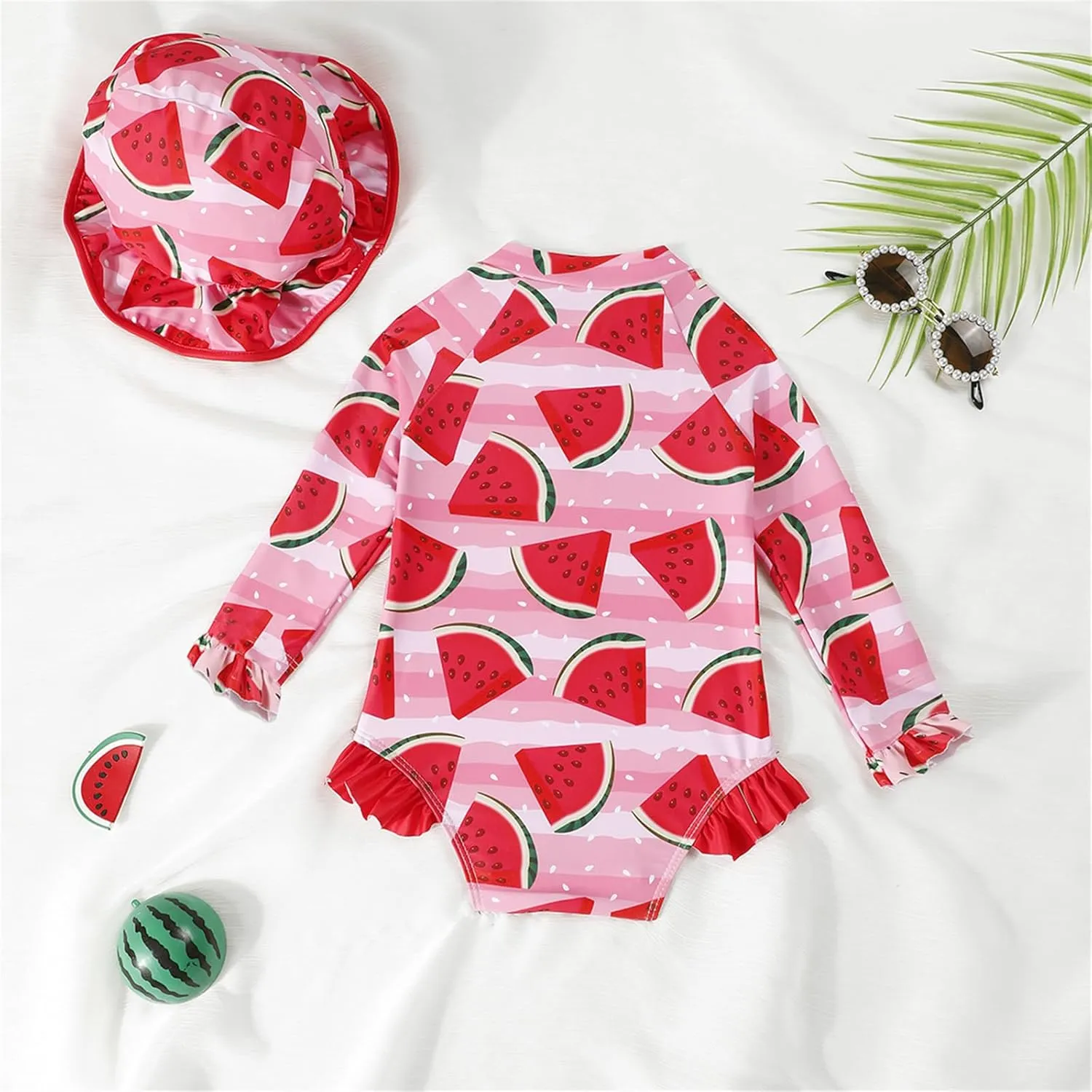 puseky Baby Girls One Piece Swimsuit Zip Rash Guard with Hat Set Swimwear Ruffled Cute Newborn Baby Girl Bathing Suit