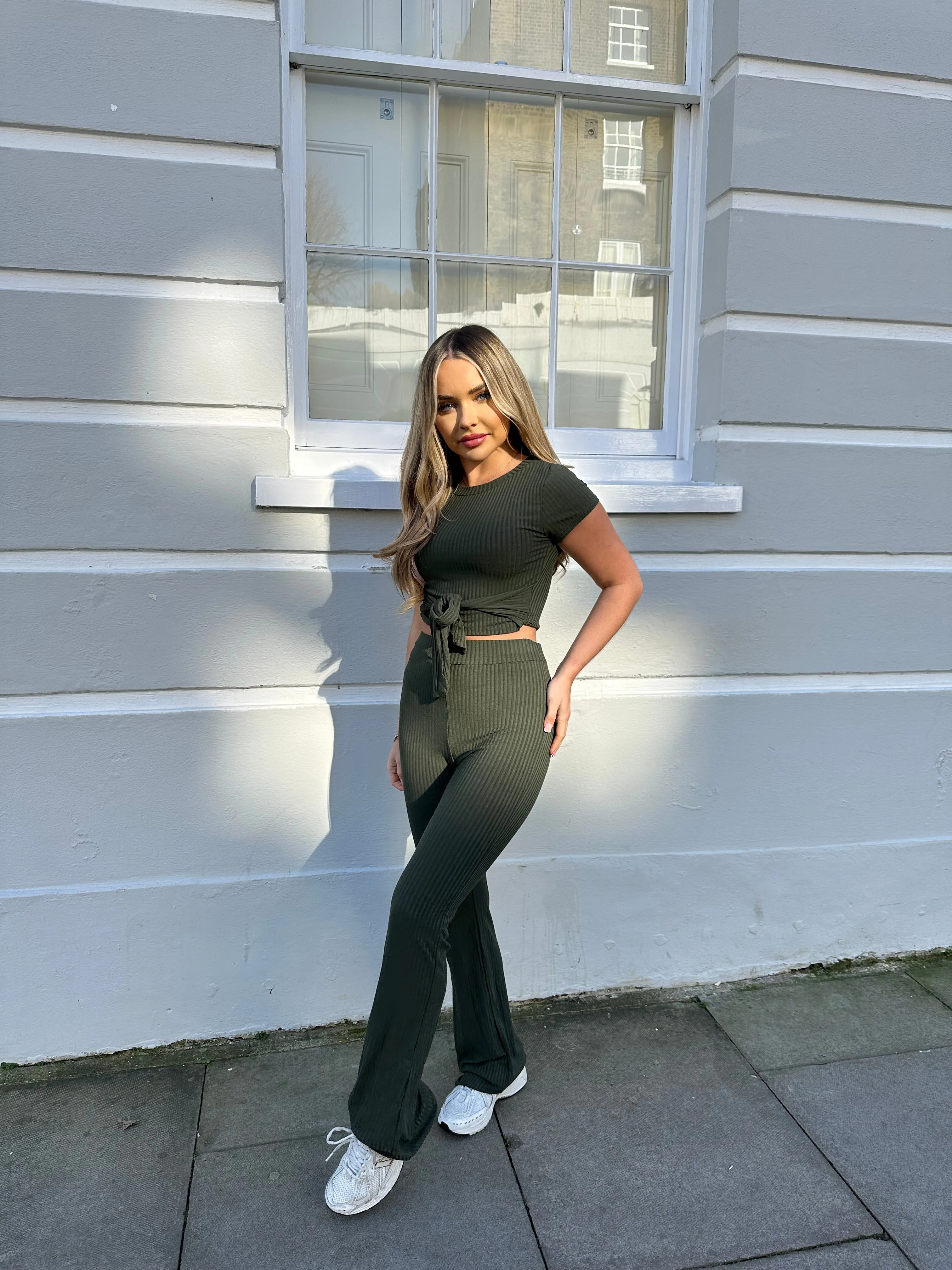 ribbed tie up lounge set - khaki