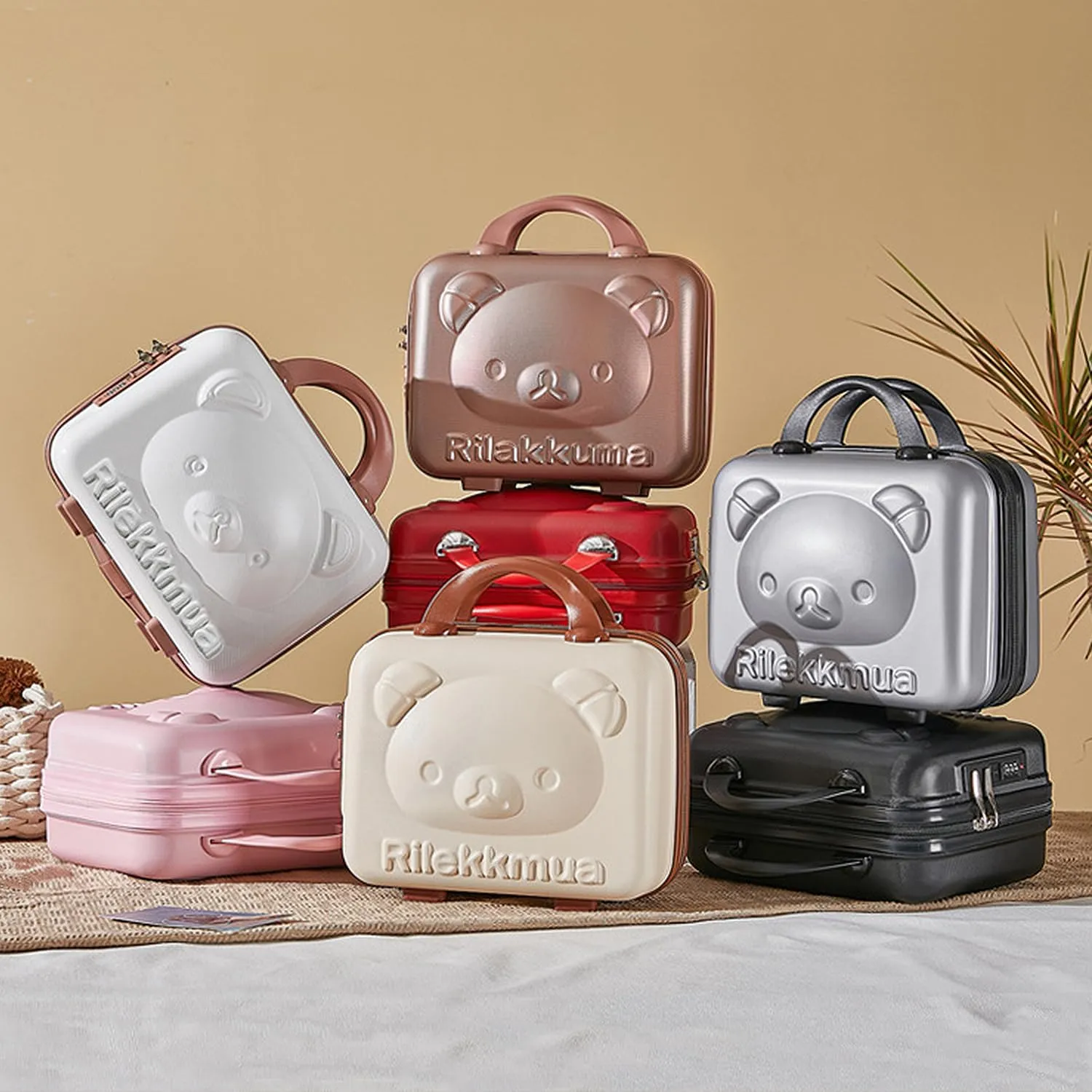 Small Hard Shell Cosmetic Case 14 Inch /16 Inch Cute Bear Cosmetic Case Box Beauty Makeup Bag Organizer Cartoon Travel Suitcase Luggage Storage Bag, Red, S (14 Inch), Cute