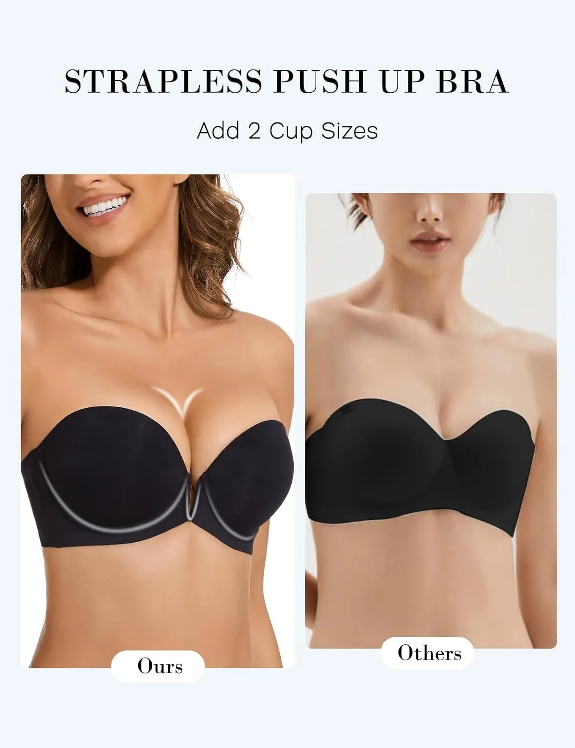Strapless Bra Push Up Non Slip Deep V Plunge Underwire Bras for Women Super Padded Add 2 Cups