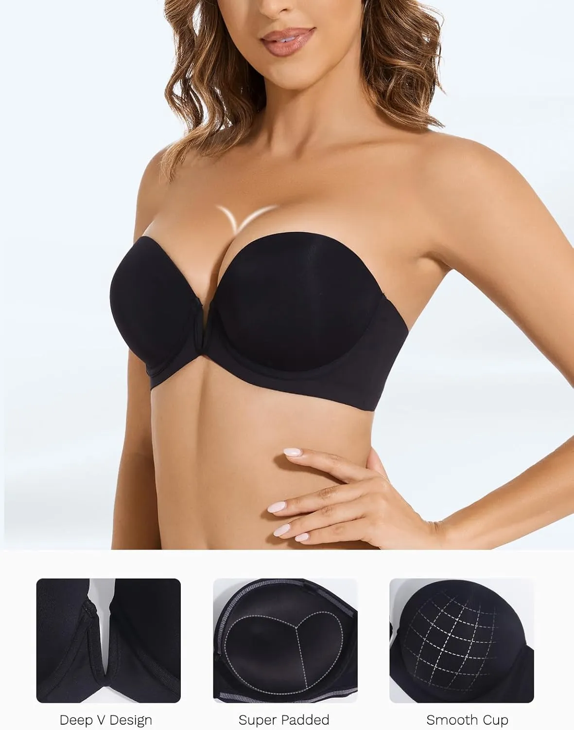 Strapless Bra Push Up Non Slip Deep V Plunge Underwire Bras for Women Super Padded Add 2 Cups