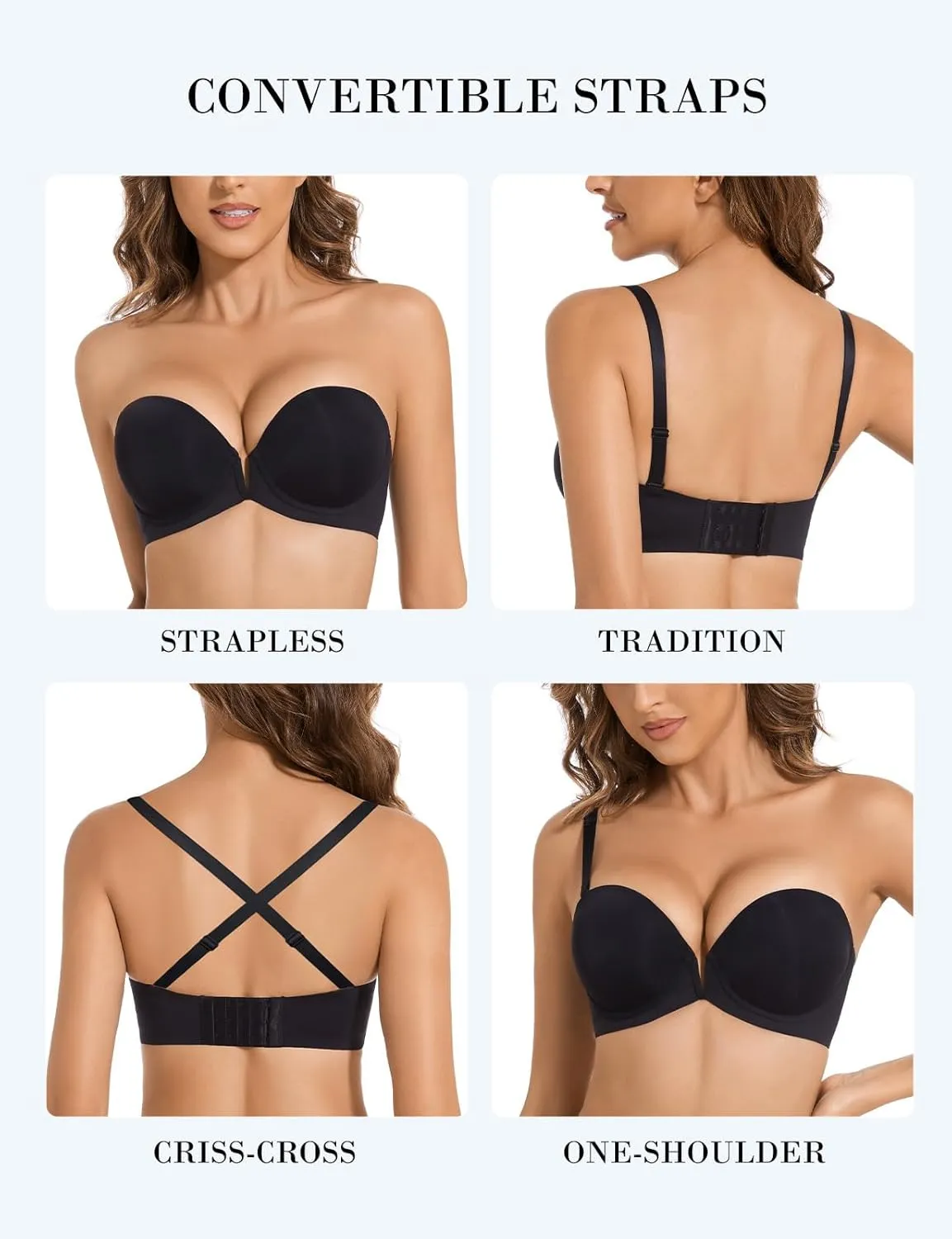 Strapless Bra Push Up Non Slip Deep V Plunge Underwire Bras for Women Super Padded Add 2 Cups