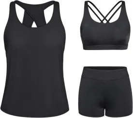 Tempt Me 3 Piece Tankini Swimsuits for Women Athletic Bathing Suits Swim Tank Top with Boy Shorts and Bra Modest Swimwear