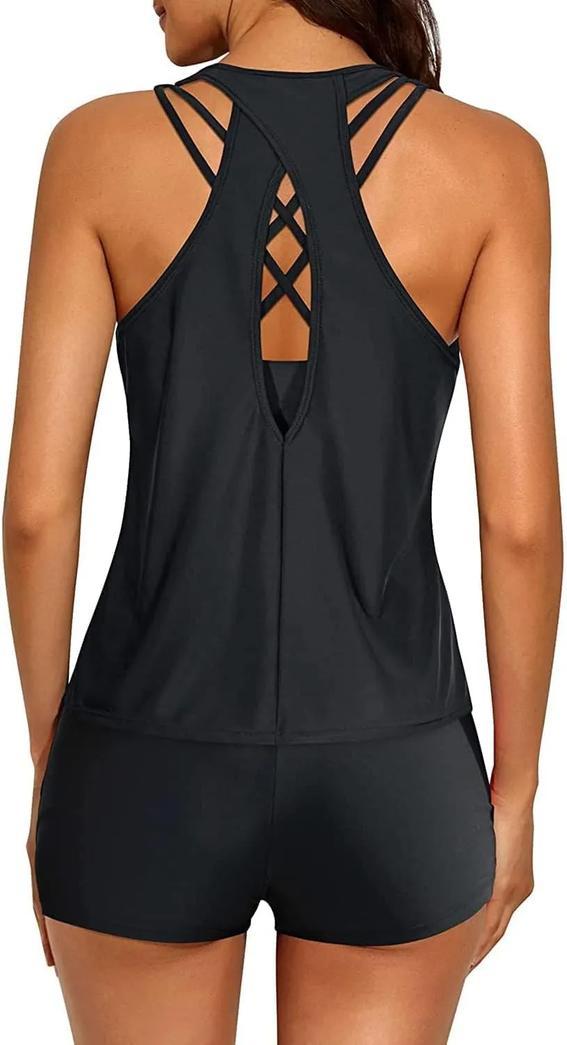 Tempt Me 3 Piece Tankini Swimsuits for Women Athletic Bathing Suits Swim Tank Top with Boy Shorts and Bra Modest Swimwear