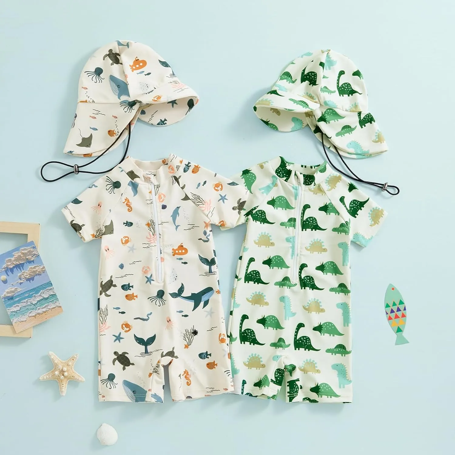 Toddler Infant Baby Boys Swimsuit Kids Rash Guard One Piece Newborn Zipper Bathing Suit Swimwear with Hat