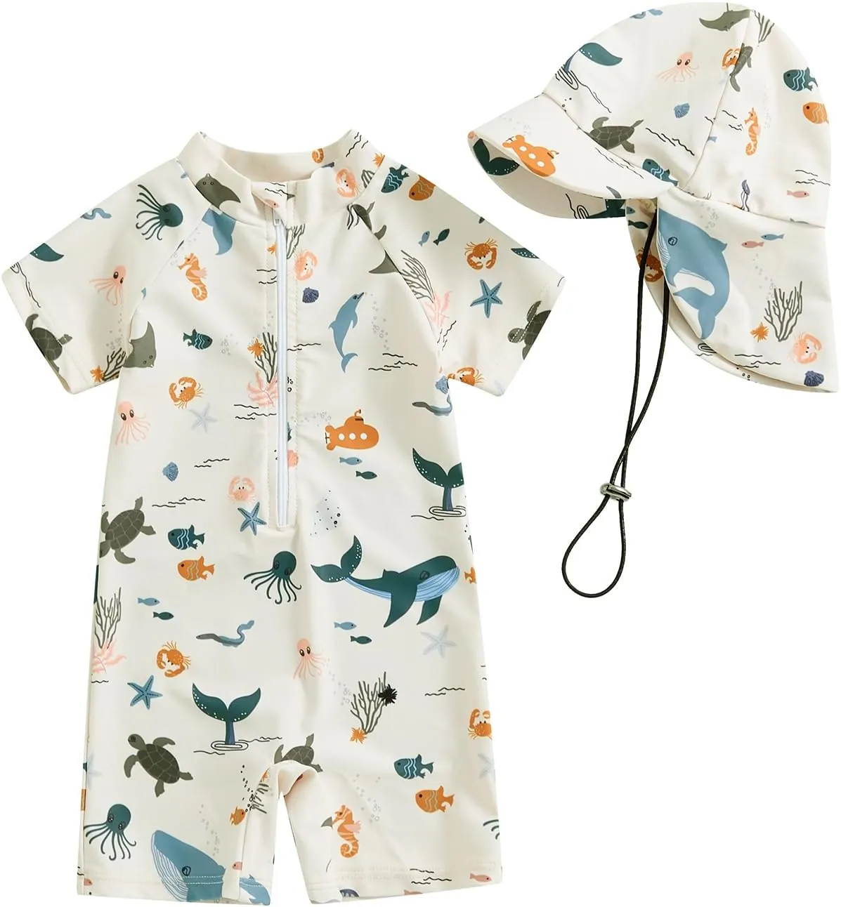 Toddler Infant Baby Boys Swimsuit Kids Rash Guard One Piece Newborn Zipper Bathing Suit Swimwear with Hat