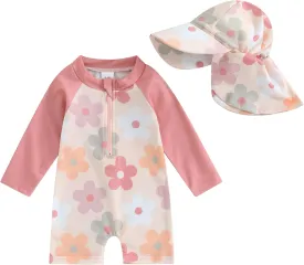Toddler Infant Baby Boys Swimsuit Kids Rash Guard One Piece Newborn Zipper Bathing Suit Swimwear with Hat