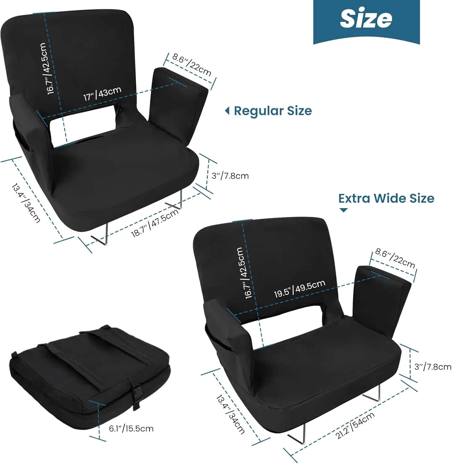 TOPSKY Stadium Seat with Back Support, Extra Wide 21.2Width (Seat 19.5), 3 Reclining Positions, Wide Bleacher Seats with 2 Hook, Picnic Seat (Black)