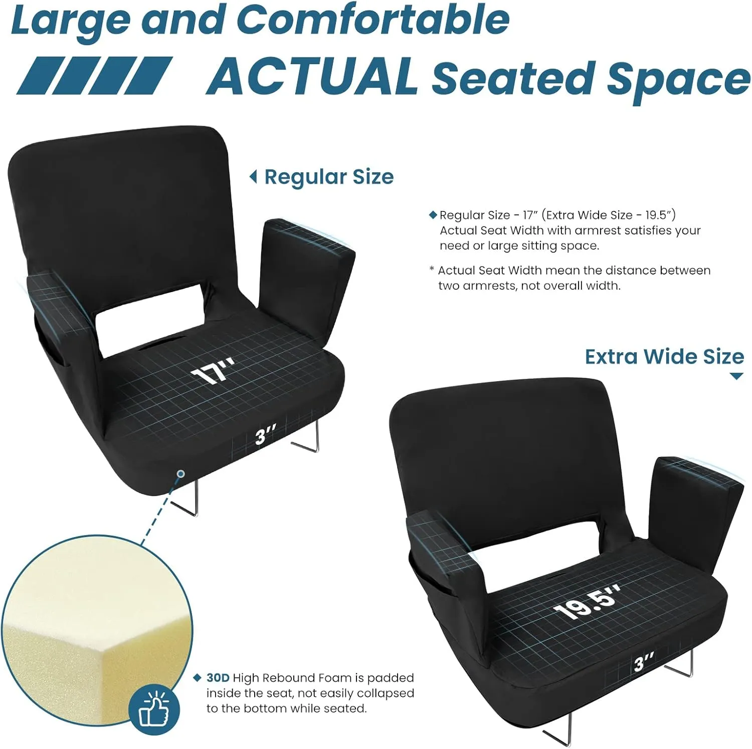 TOPSKY Stadium Seat with Back Support, Extra Wide 21.2Width (Seat 19.5), 3 Reclining Positions, Wide Bleacher Seats with 2 Hook, Picnic Seat (Black)