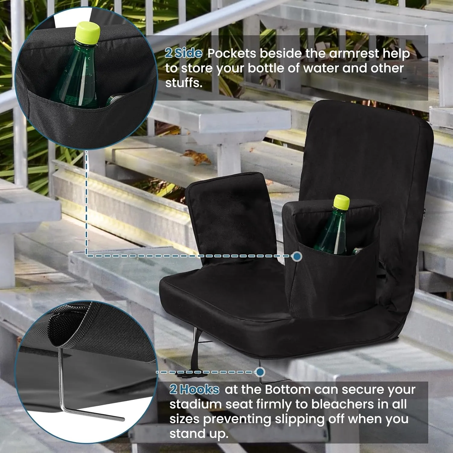 TOPSKY Stadium Seat with Back Support, Extra Wide 21.2Width (Seat 19.5), 3 Reclining Positions, Wide Bleacher Seats with 2 Hook, Picnic Seat (Black)