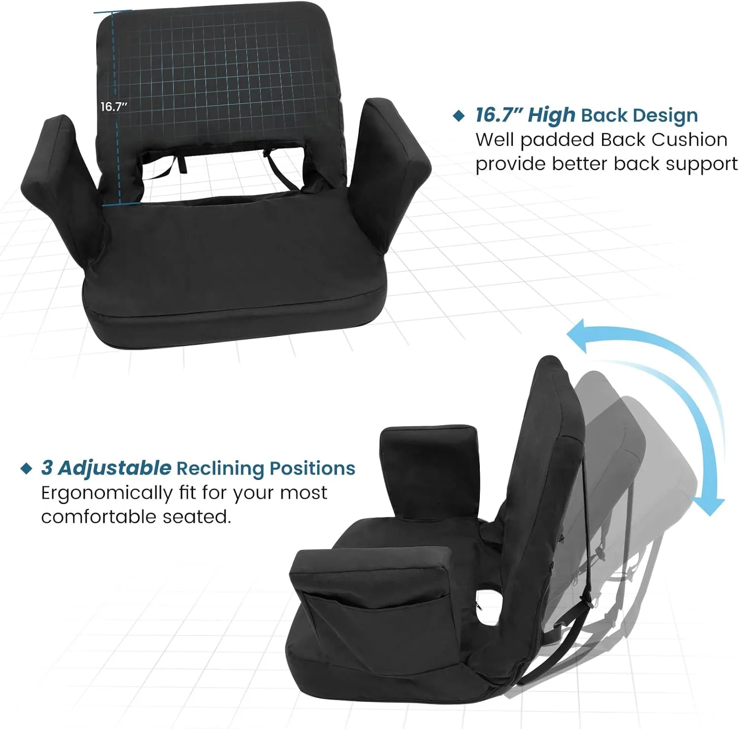 TOPSKY Stadium Seat with Back Support, Extra Wide 21.2Width (Seat 19.5), 3 Reclining Positions, Wide Bleacher Seats with 2 Hook, Picnic Seat (Black)
