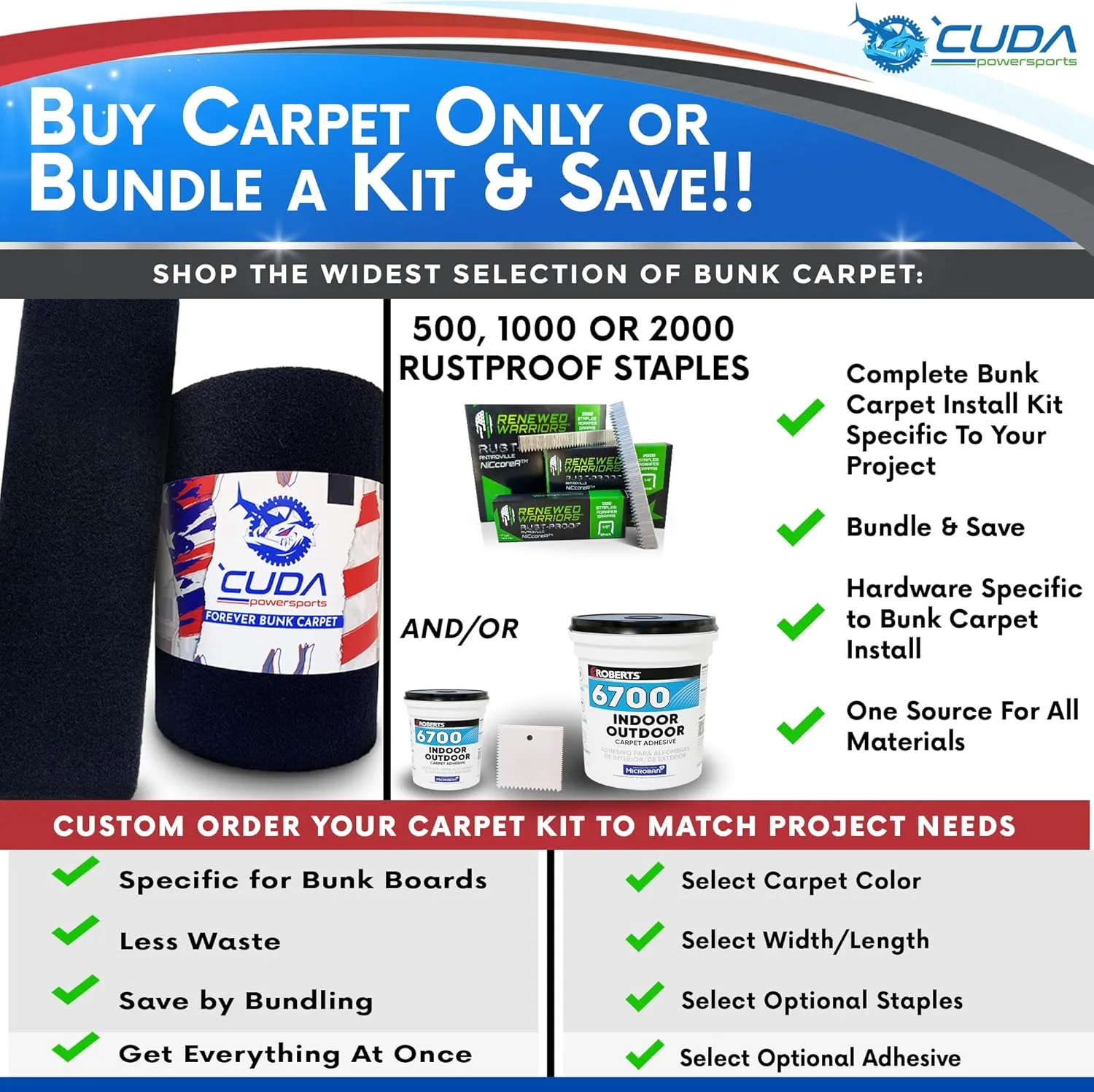 Trailer Hardware Kit-Cuda Boat Trailer Bunk Carpet 12 Inch Wide-FOREVER44-Blue 12" x 150Ft-2000 Staples / 1 Gallon/Trowel-Marine Bunk Carpet for Trailer Waterproof Forever Kit44