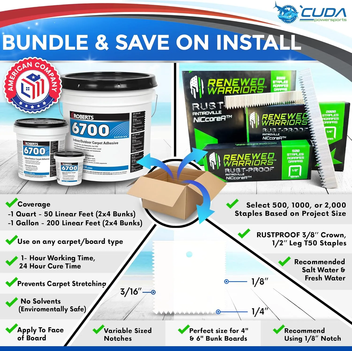 Trailer Hardware Kit-Cuda Boat Trailer Bunk Carpet 12 Inch Wide-FOREVER44-Blue 12" x 150Ft-2000 Staples / 1 Gallon/Trowel-Marine Bunk Carpet for Trailer Waterproof Forever Kit44