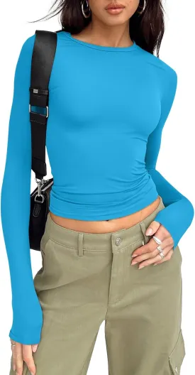 Trendy Queen Womens Long Sleeve Shirts Basic Tees Crop Tops Going Out Spring 2025 Workout Outfits Y2k Clothes