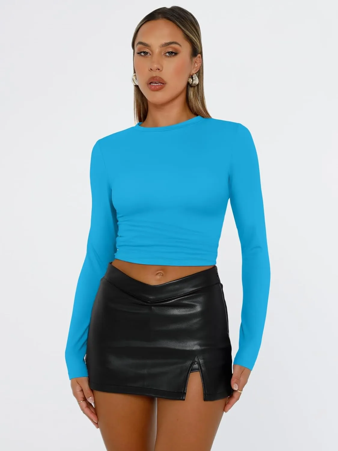 Trendy Queen Womens Long Sleeve Shirts Basic Tees Crop Tops Going Out Spring 2025 Workout Outfits Y2k Clothes