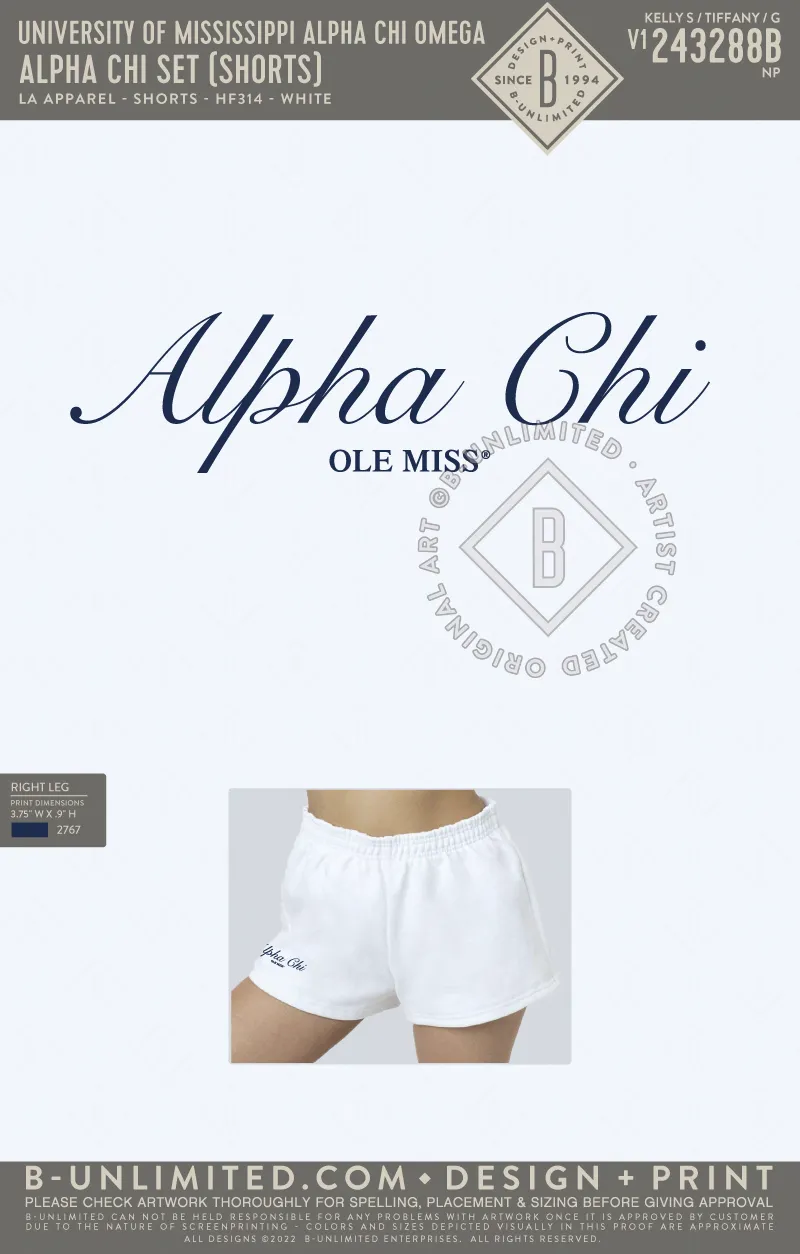 University of Mississippi Alpha Chi Omega - Alpha Chi Set (shorts) - LA Apparel - HF-314 - White