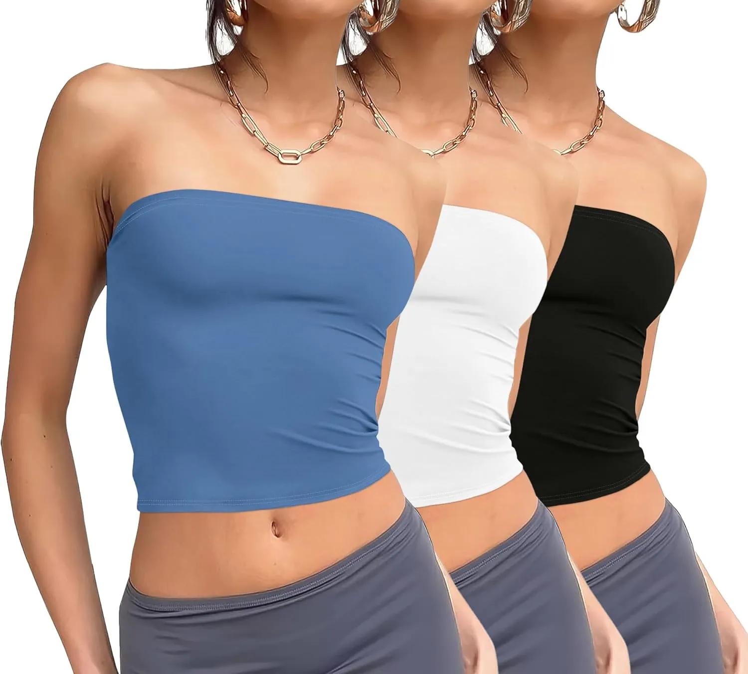 WIHOLL 3 Pack Tube Tops for Women Slim Fit Crop Tops Going Out Strapless Tank Tops Bandeau Summer Outfits 2025 Y2K Clothes