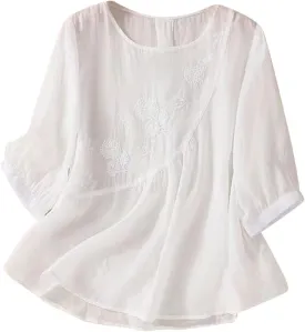Womens Summer Tops 3/4 Sleeve Crewneck Tunic Tops Dressy Casual Blouses Loose Fit Flowy Embroidered Bohemian Tshirt