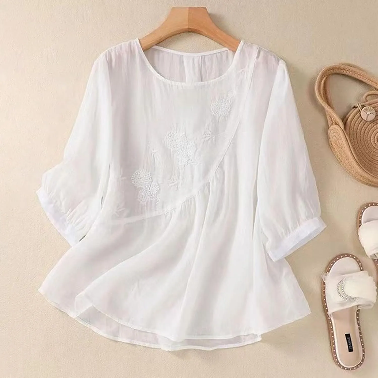 Womens Summer Tops 3/4 Sleeve Crewneck Tunic Tops Dressy Casual Blouses Loose Fit Flowy Embroidered Bohemian Tshirt